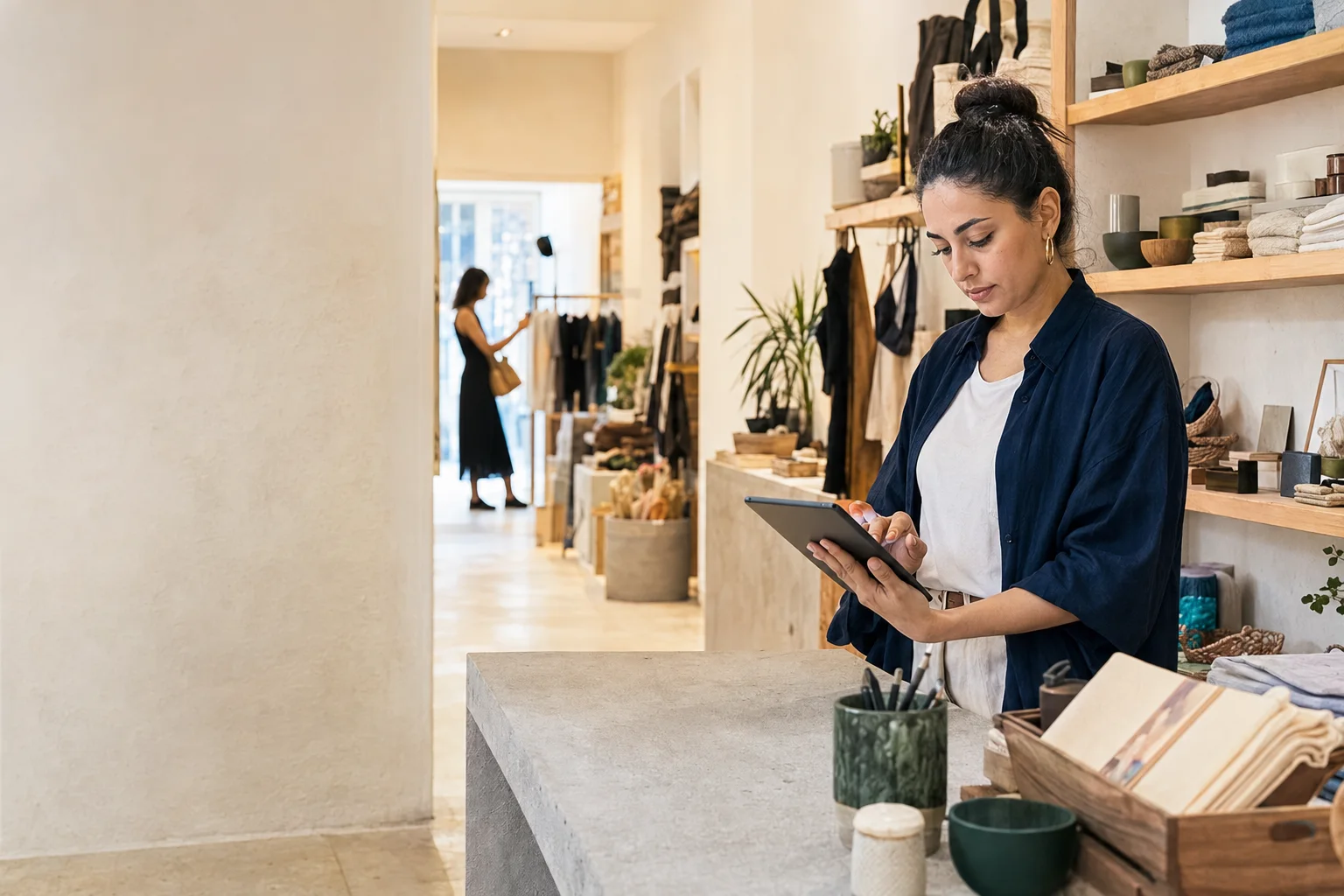 Commerçante consultant son activité depuis une tablette dans sa boutique