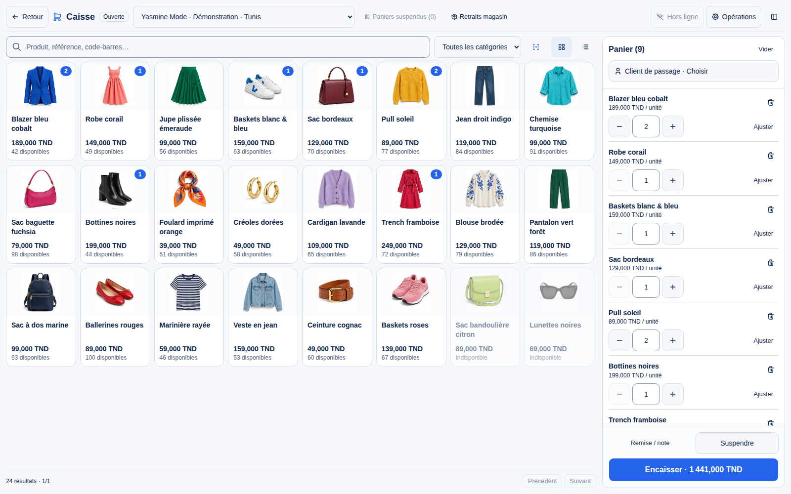 Caisse réelle TENYRO : produits de Yasmine Mode, boutique fictive. Sur mobile, détail agrandi des deux premiers articles.