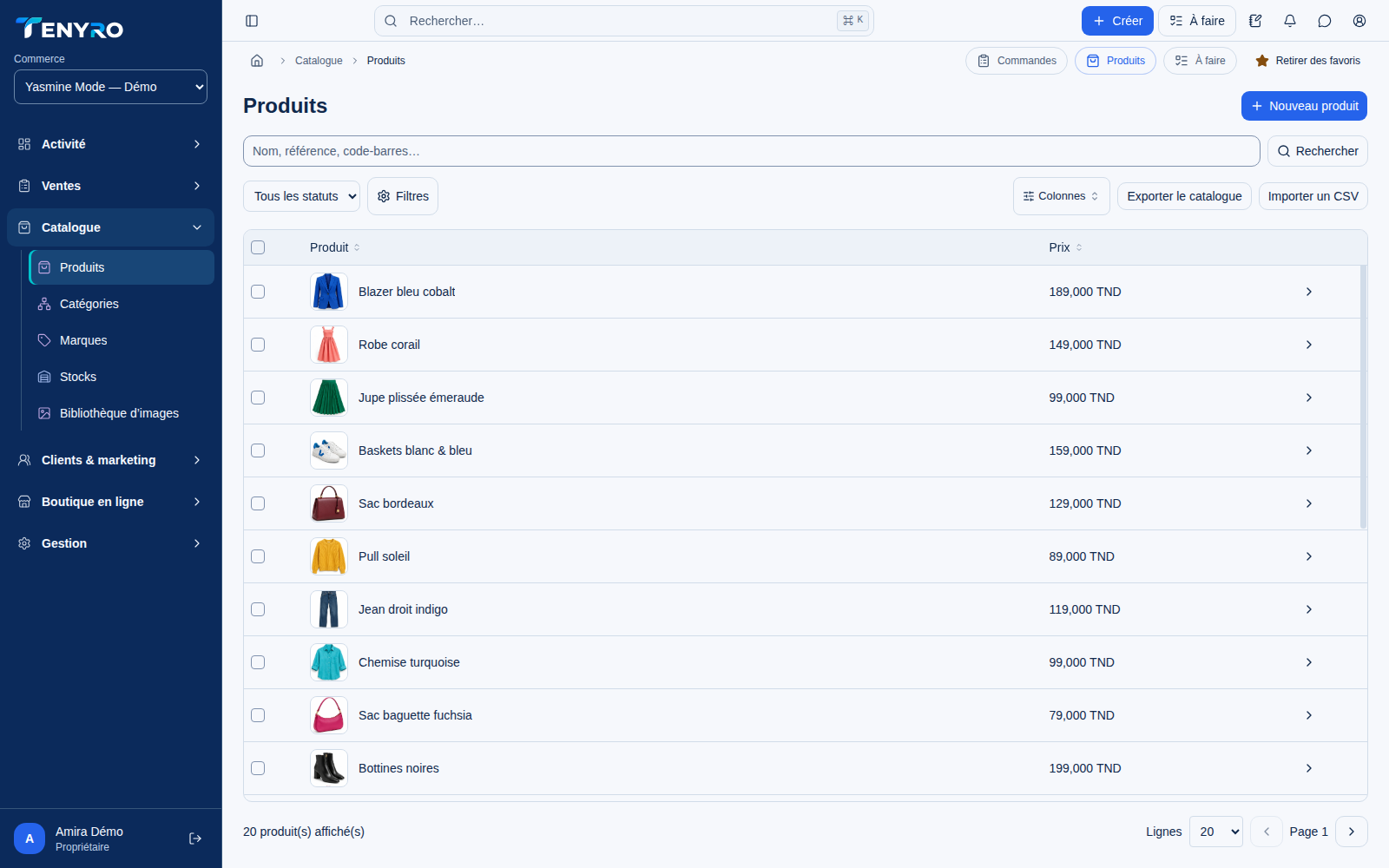 Produits et catalogue dans TENYRO, avec données de démonstration