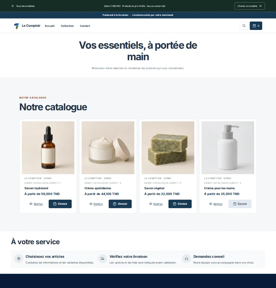 Démo actuelle Le Comptoir : catalogue compact de produits de soin