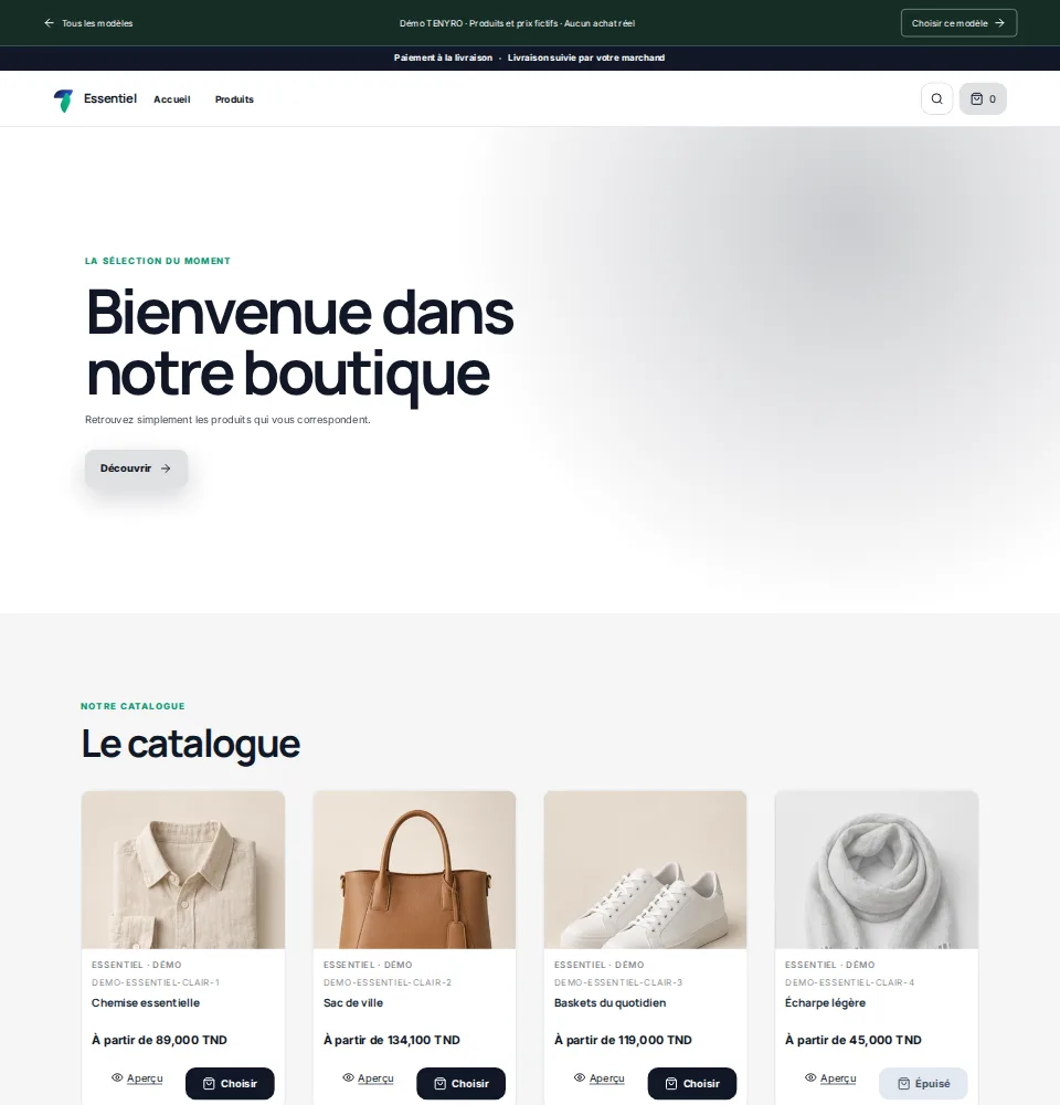 Démo actuelle Essentiel : vêtements et accessoires dans une présentation minimaliste