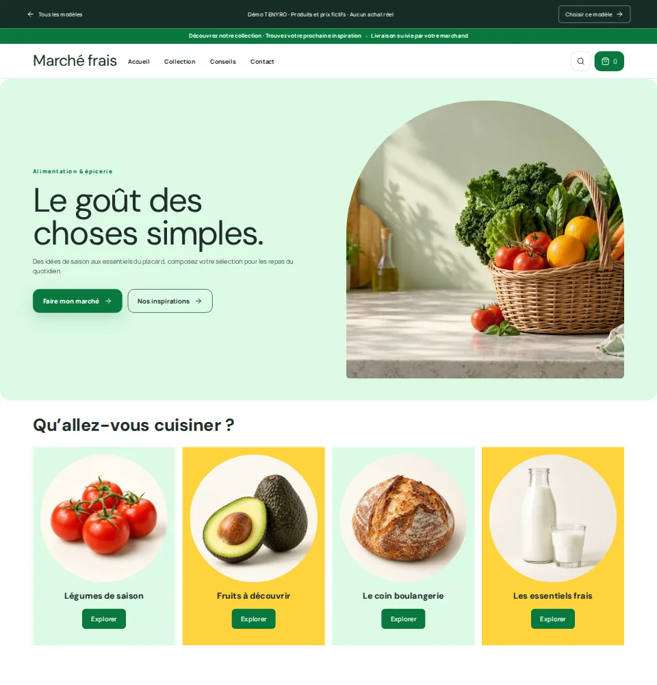 Aperçu réel du modèle TENYRO pour épicerie & alimentation